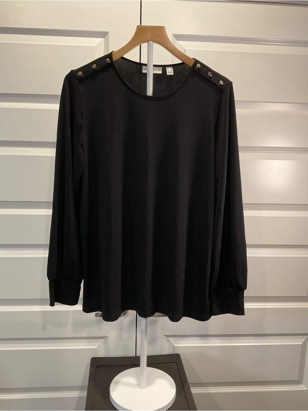 Susan Graver Black Long-Sleeve Top with Shoulder Button Trim